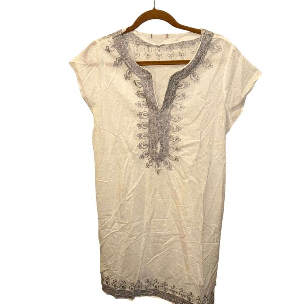 calypso st. barth white silver embroidered ethnic kurti tunic shirt dress L